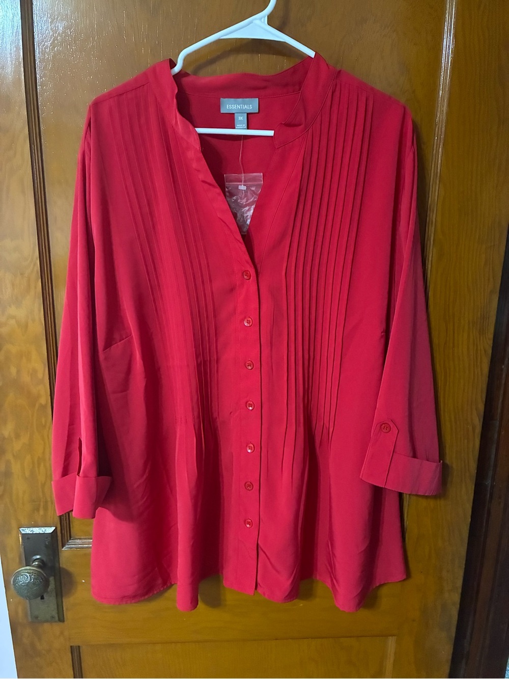 🔥 NWT Essentials Red Pintuck Button-Down Blouse
